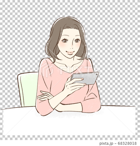 座ってスマホを持つ女性 横持ちのイラスト素材